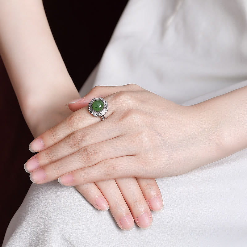 KarmaRipple's 925 Sterling Silver Hetian Cyan Jade Flower Design Fortune Adjustable Ring p4