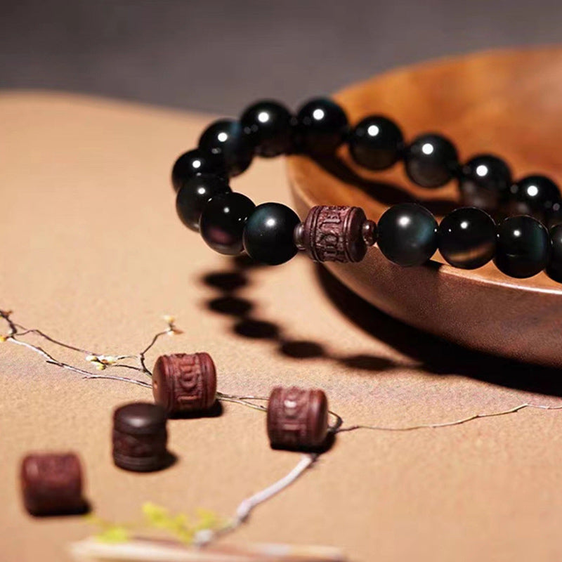 KarmaRipple's Authentic Gold Sheen Obsidian Rainbow Obsidian Om Mani Padme Hum Fu Character Balancing Bracelet p32