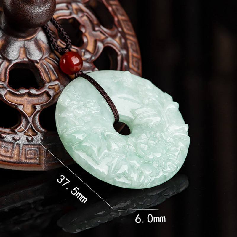 KarmaRipple's Round Jade Peace Buckle Peony Flower Abundance Pendant Necklace p9