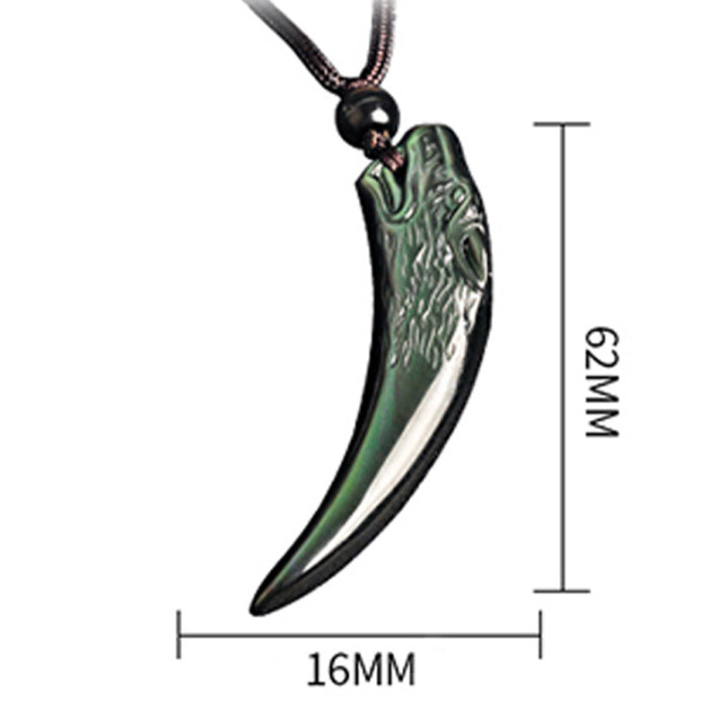 KarmaRipple's Authentic Black Obsidian Ice Obsidian Rainbow Obsidian Wolf Tooth Pattern Strength Pendant Necklace p27