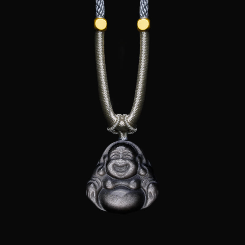 KarmaRipple's Authentic Silver Sheen Obsidian Laughing Buddha Protection Pendant Necklace p13
