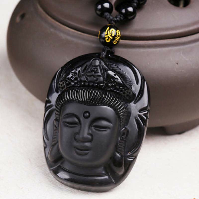 KarmaRipple's Authentic Black Obsidian Kwan Yin Avalokitesvara Strength String Pendant Necklace p7