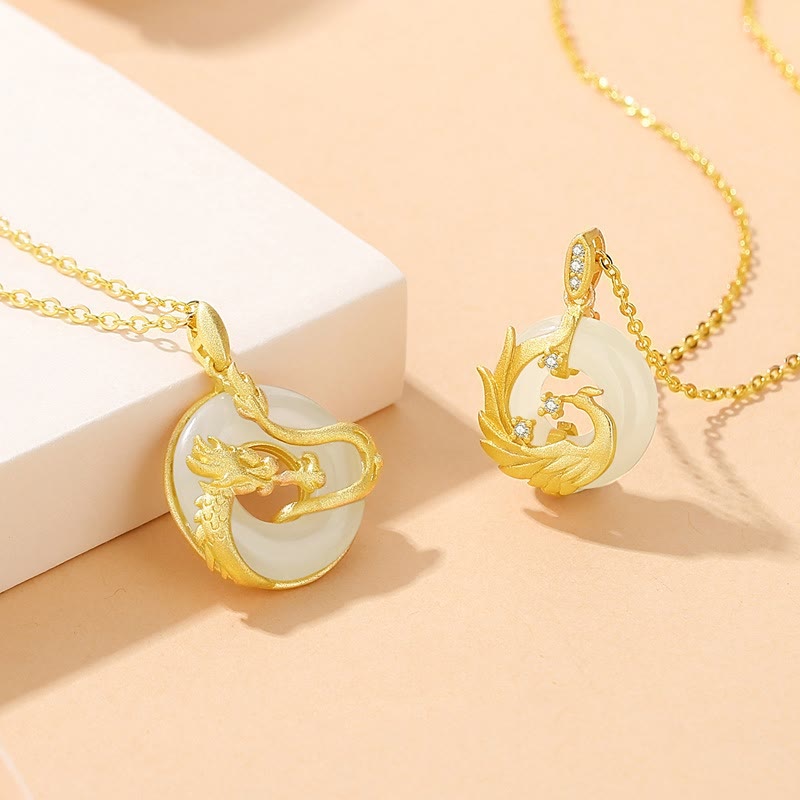 KarmaRipple's 925 Sterling Silver Year of the Dragon Hetian Jade Golden Dragon Phoenix Peace Buckle Fortune Pendant Necklace p3