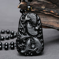 KarmaRipple's Black Obsidian Koi Fish Engraved Strength Beaded Pendant Necklace