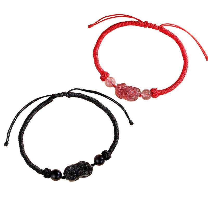 KarmaRipple's Handmade Authentic Silver Sheen Obsidian Strawberry Quartz PiXiu Protection Woven Bracelet p11