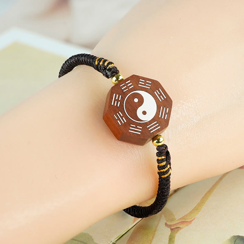 KarmaRipple's Small Leaf Red Sandalwood Jujube Wood Ebony Wood Silver Inlaid Yin Yang Bagua Big Dipper Protection Bracelet p10