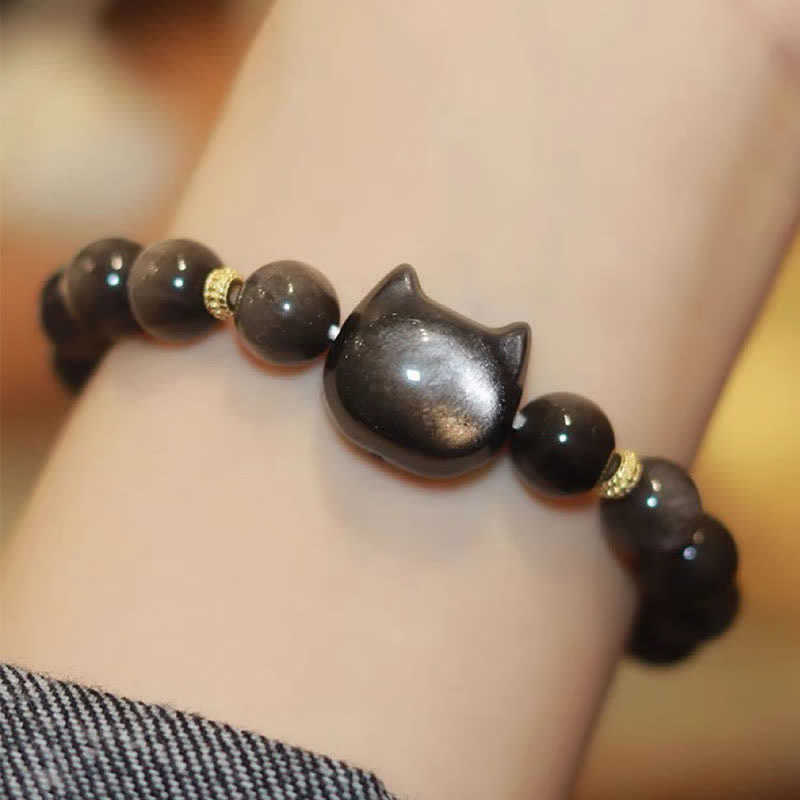 KarmaRipple's Gold Sheen Obsidian Silver Sheen Obsidian Lovely Paw Fortunate Cat Protection Bracelet p51