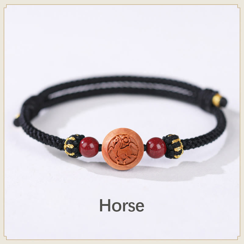 KarmaRipple's Authentic Peach Wood Chinese Zodiac Fu Character Carved Cinnabar Wealth Bracelet p47