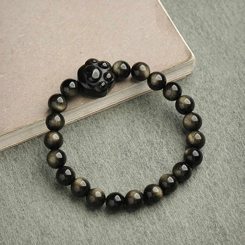 KarmaRipple's Gold Sheen Obsidian Silver Sheen Obsidian Lovely Paw Fortunate Cat Protection Bracelet p47