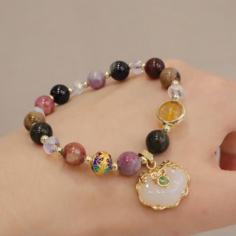 KarmaRipple's Strawberry Quartz Green Gemstone Amethyst Balancing Chinese Lock Talisman Bracelet p19