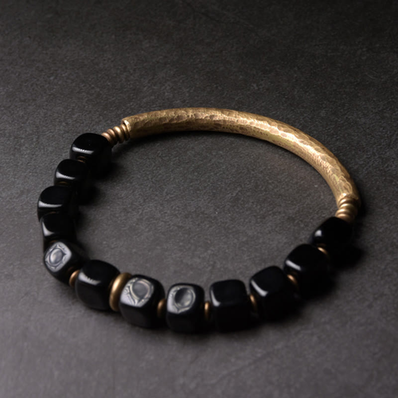 KarmaRipple's Black Obsidian Gemstone Bronze Strength Pair Bracelet p9