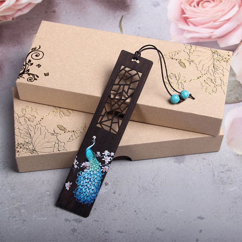 KarmaRipple's Blue Peacock Ebony Wood Bookmarks With Gift Box p3