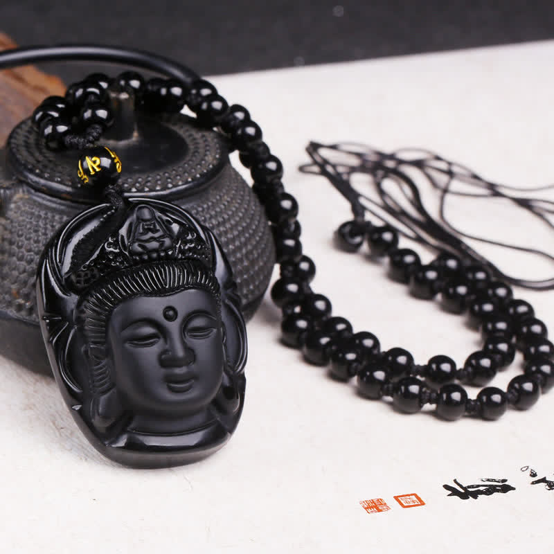 KarmaRipple's Authentic Black Obsidian Kwan Yin Avalokitesvara Strength String Pendant Necklace p12