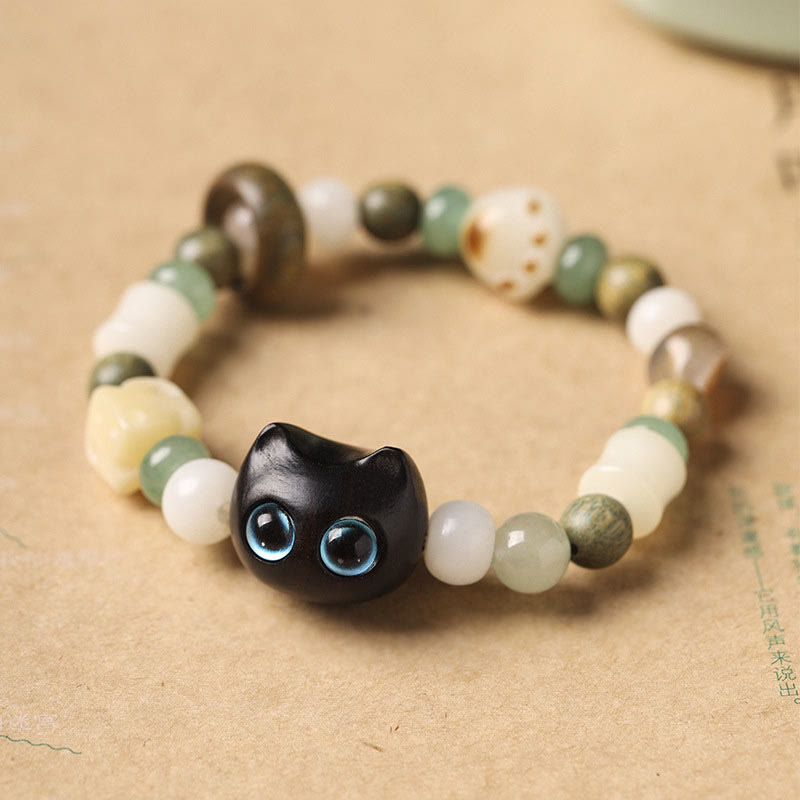 KarmaRipple's Bodhi Seed Green Sandalwood Ebony Wood Small Leaf Red Sandalwood Cat Head Paw Claw Peace Bracelet p1