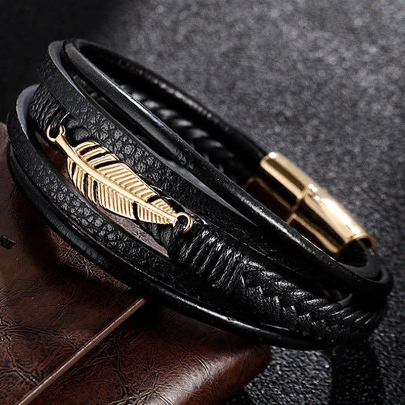 KarmaRipple's Feather Pattern Multilayer Leather Titanium Steel Calm Woven Magnetic Buckle Bracelet p5