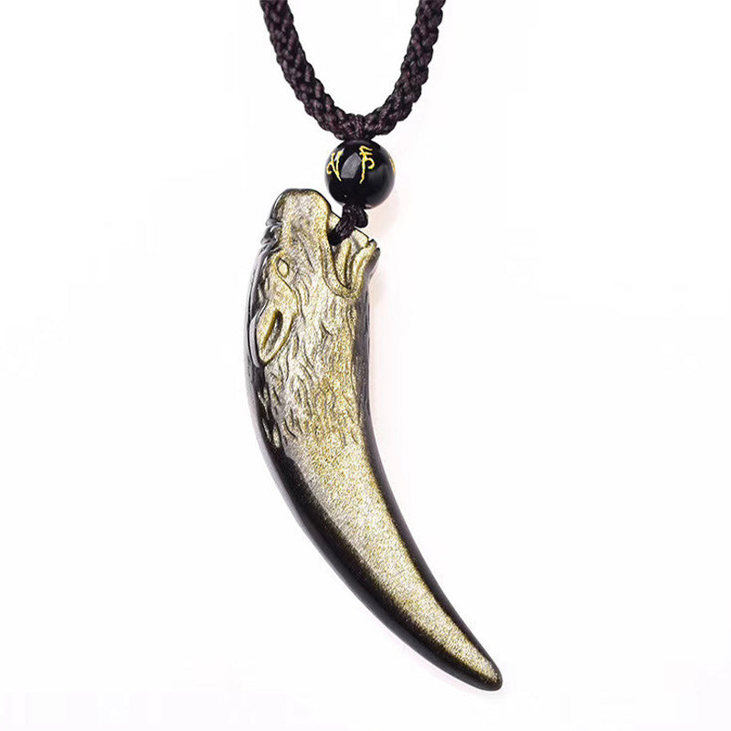 KarmaRipple's Authentic Black Obsidian Ice Obsidian Rainbow Obsidian Wolf Tooth Pattern Strength Pendant Necklace p23