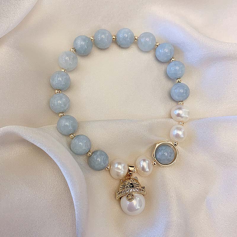 KarmaRipple's Aquamarine Pearl Peace Balancing Fortunate Cat Talisman Bracelet p6