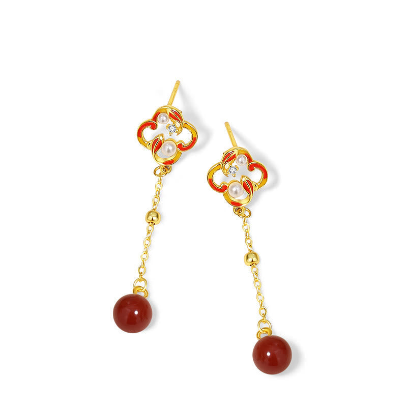 KarmaRipple's 925 Sterling Silver Four Leaf Clover Koi Fish Red Agate Pearl Wealth Bracelet Pendant Necklace Earrings Set p4