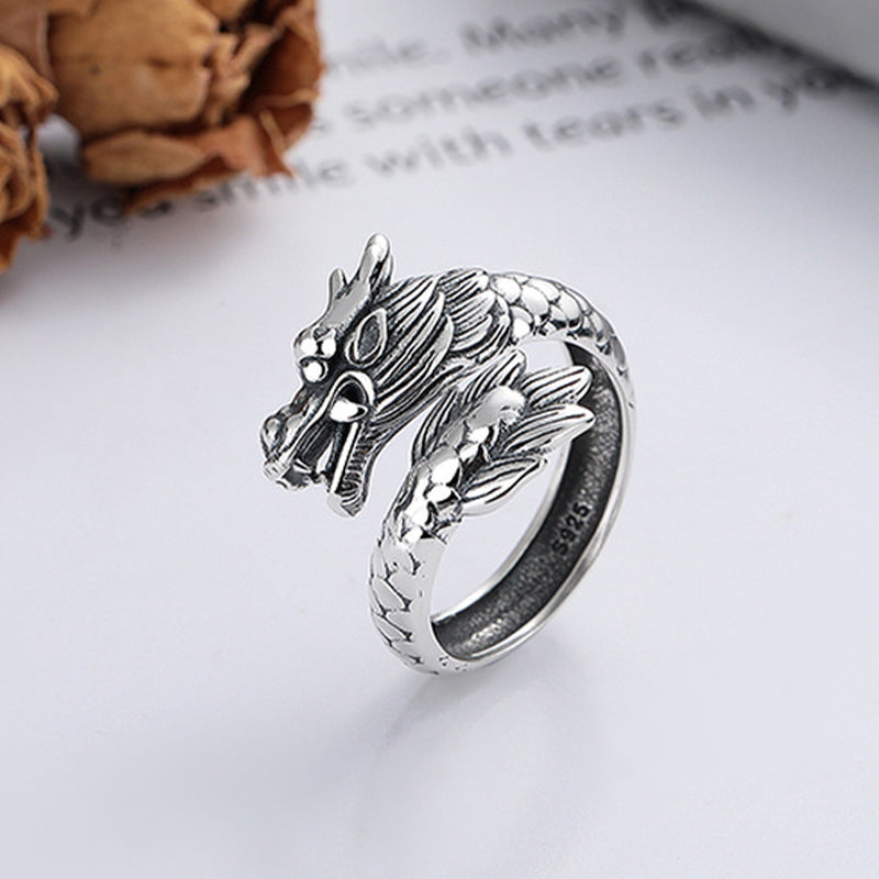 KarmaRipple's 925 Sterling Silver Year Of The Dragon Fortune Strength Adjustable Metal Ring p2