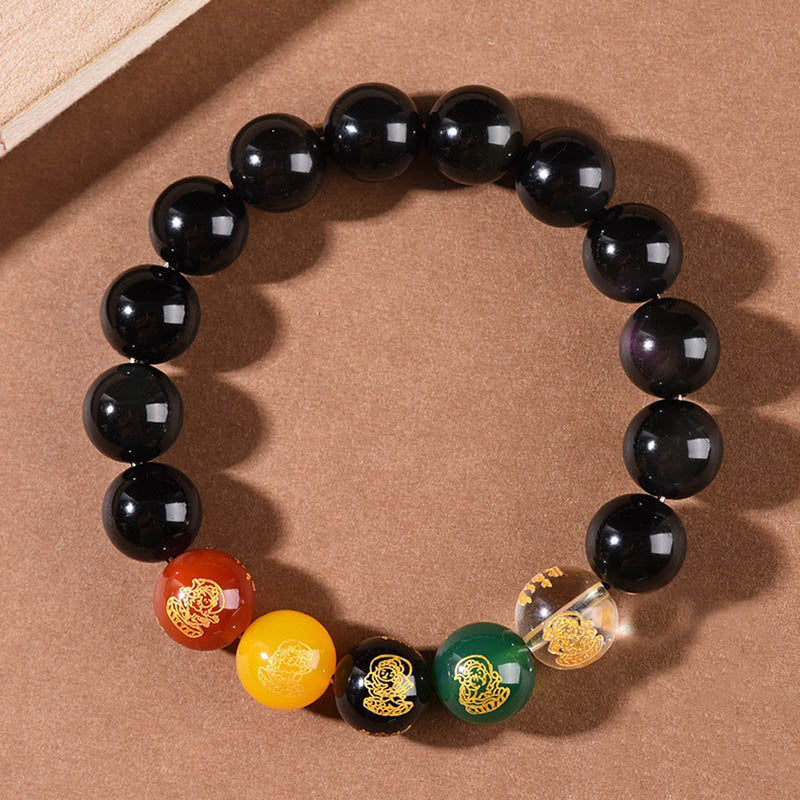 KarmaRipple's Gold Sheen Obsidian Rainbow Obsidian Black Obsidian Five Directions Gods of Wealth Bracelet p21