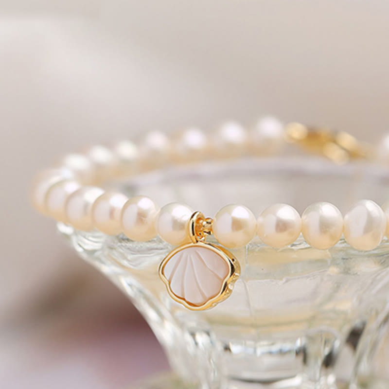 KarmaRipple's 14K Gold Plated Authentic Pearl Gemstone Shell Talisman Bead Bracelet p10