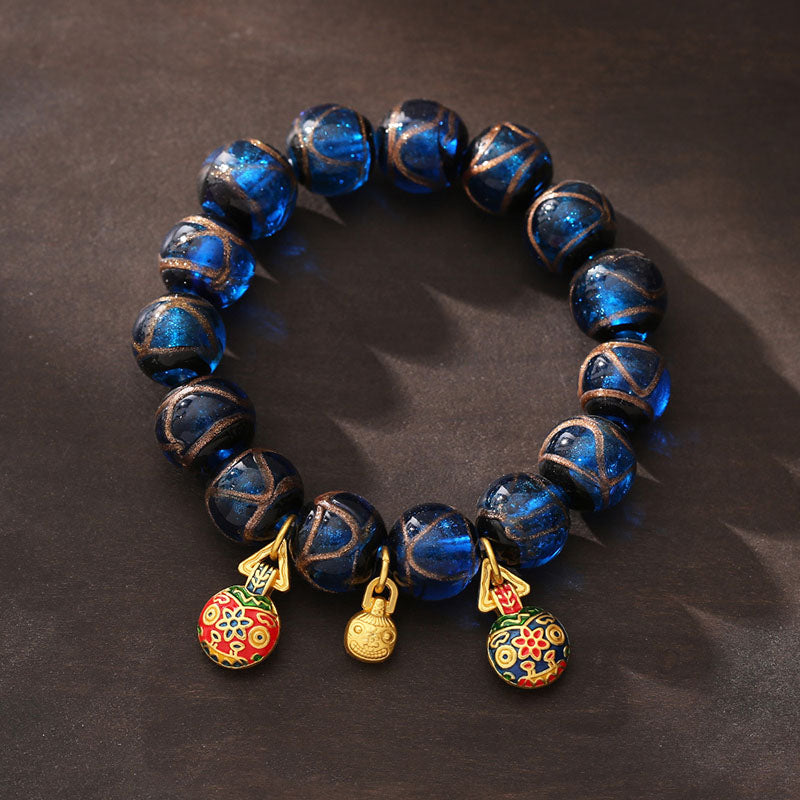 KarmaRipple's Gold Swallowing Beast Fortune Talisman Blue Liuli Glass Bead Fortune Bracelet p8