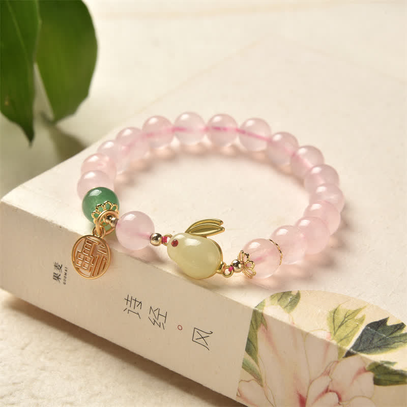 KarmaRipple's Year of the Rabbit Authentic Pink Gemstone Green Agate Bunny Love Happiness Bracelet p1