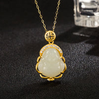 KarmaRipple's 925 Sterling Silver Laughing Buddha Hetian Ivory Jade Protection Pendant Necklace