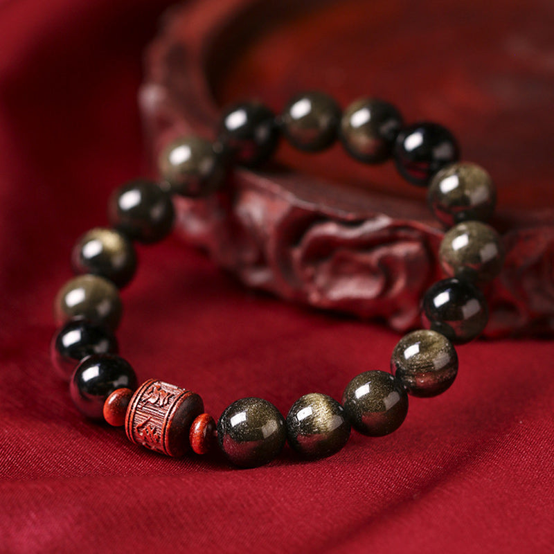 KarmaRipple's Authentic Gold Sheen Obsidian Rainbow Obsidian Om Mani Padme Hum Fu Character Balancing Bracelet p17