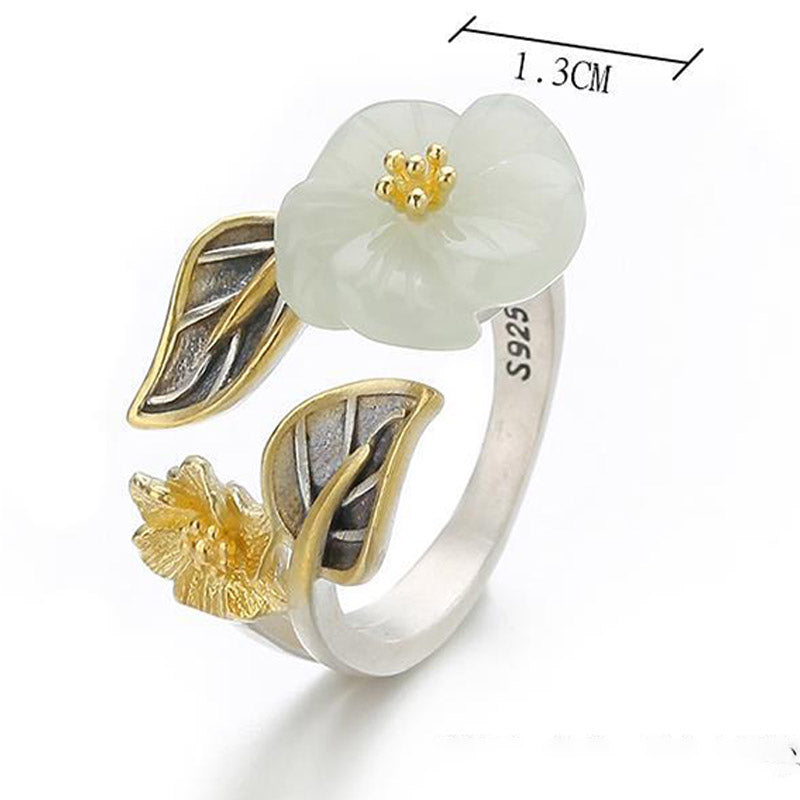 KarmaRipple's 925 Silver Plated Bronze Ivory Jade Plum Flower Leaf Fortune Ring p12