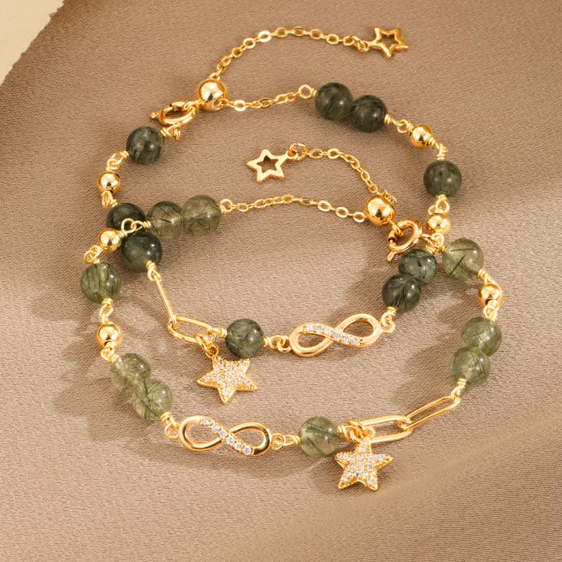 KarmaRipple's 14K Gold Green Rutilated Quartz M?bius Loop Eternal Love Star Protection Bracelet p8