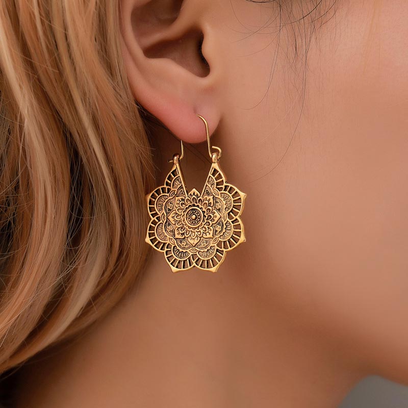 KarmaRipple's Tibetan Lotus Engraving Bronze Blessing Drop Earrings p6
