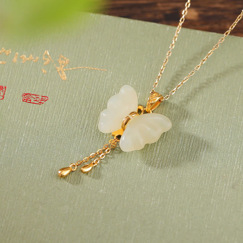 KarmaRipple's 925 Sterling Silver Plated Gold Hetian Ivory Jade Butterfly Blessing Pendant Necklace p15