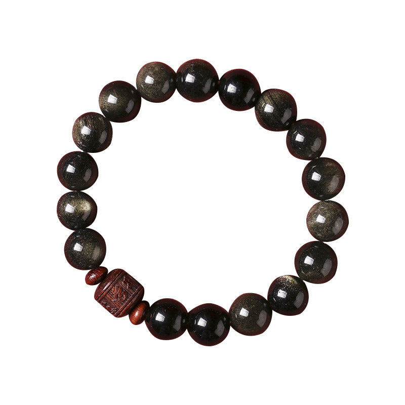 KarmaRipple's Authentic Gold Sheen Obsidian Rainbow Obsidian Om Mani Padme Hum Fu Character Balancing Bracelet p22