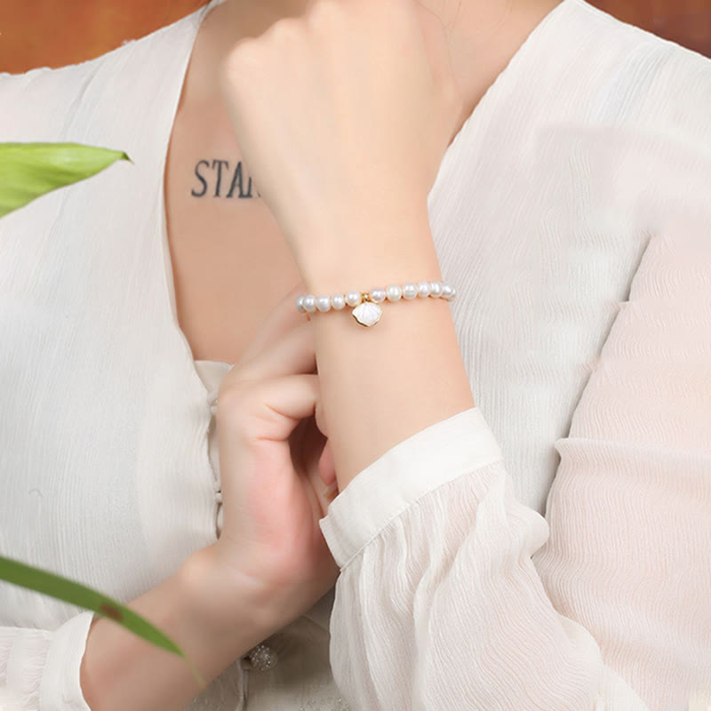 KarmaRipple's 14K Gold Plated Authentic Pearl Gemstone Shell Talisman Bead Bracelet p13