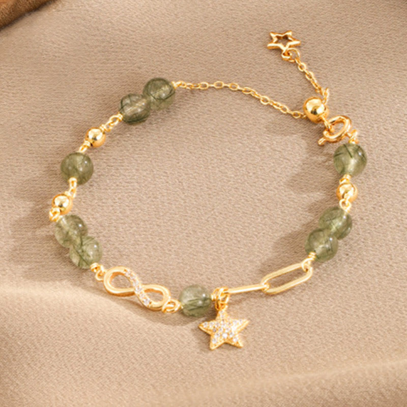 KarmaRipple's 14K Gold Green Rutilated Quartz M?bius Loop Eternal Love Star Protection Bracelet p11