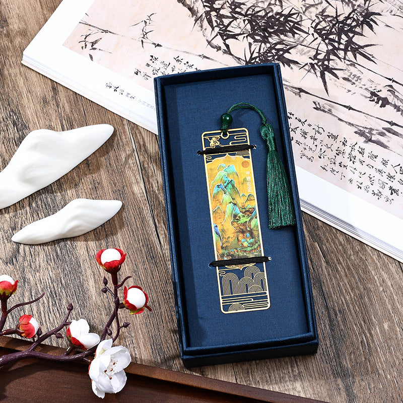 KarmaRipple's A Panorama of Rivers and Mountains Metal Hollow Bookmarks Tassel With Gift Box ( p1