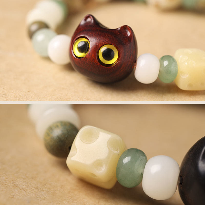 KarmaRipple's Bodhi Seed Green Sandalwood Ebony Wood Small Leaf Red Sandalwood Cat Head Paw Claw Peace Bracelet p12