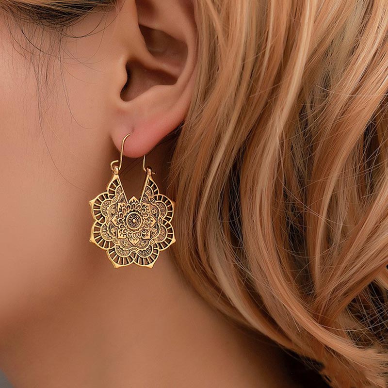 KarmaRipple's Tibetan Lotus Engraving Bronze Blessing Drop Earrings p4