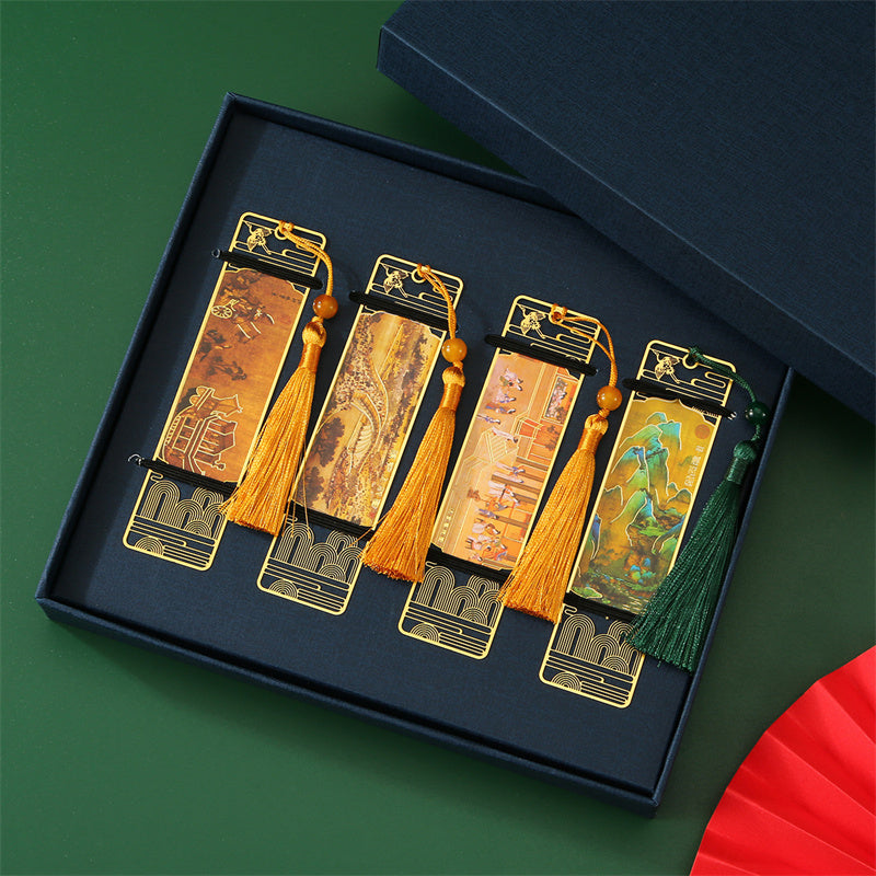 KarmaRipple's A Panorama of Rivers and Mountains Metal Hollow Bookmarks Tassel With Gift Box ( p12