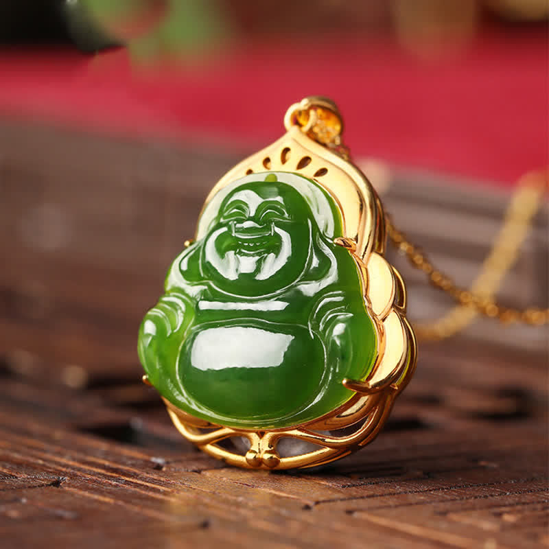 KarmaRipple's 925 Sterling Silver Authentic Hetian Cyan Jade Laughing Buddha 18K Gold Balancing Pendant Chain Necklace p6