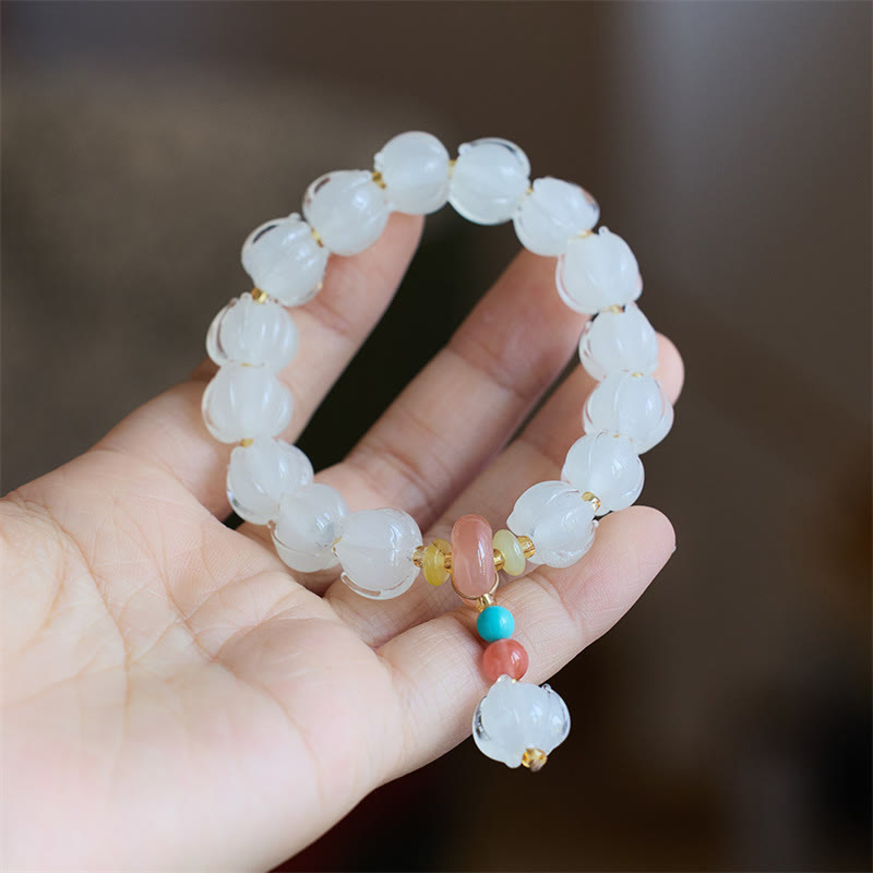 KarmaRipple's Liuli Glass Bead Lotus Design Fluorite Ivory Fruit Dancing Lion Talisman Enlightenment Bracelet p8