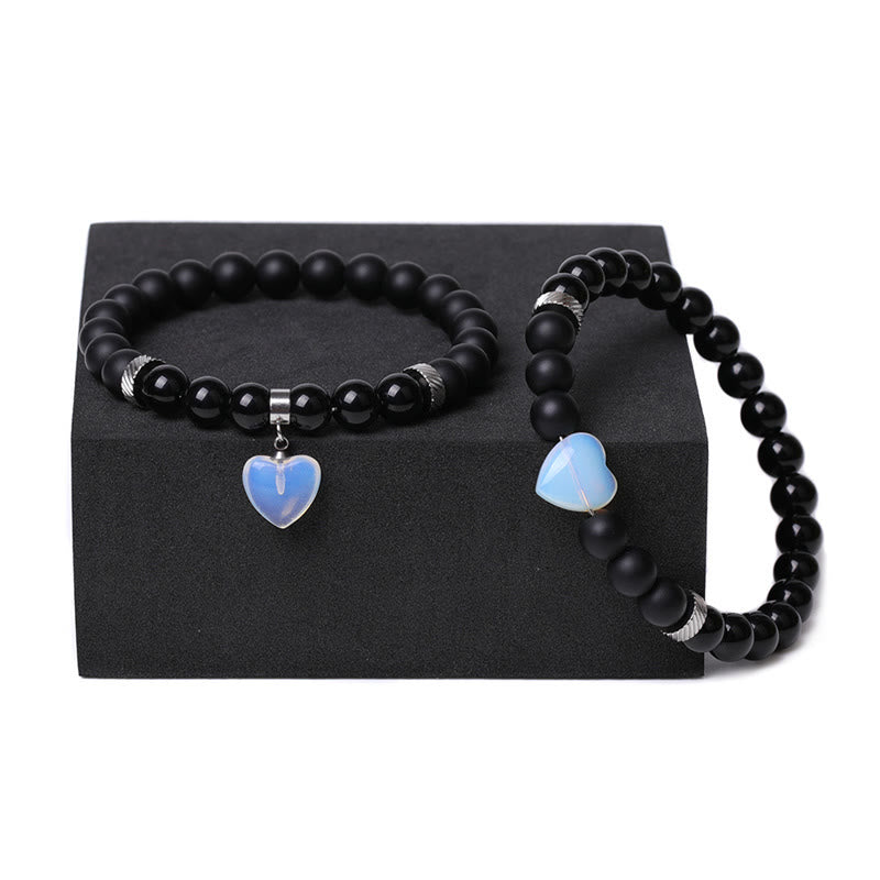 KarmaRipple's 2Pcs Black Onyx Gemstone Stone Love Heart Protection Support Pair Bracelet p18
