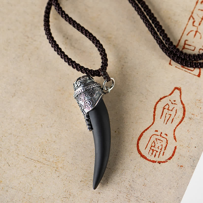 KarmaRipple's 925 Sterling Silver Black Obsidian Wolf Tooth Pattern Strength Pendant Necklace p2