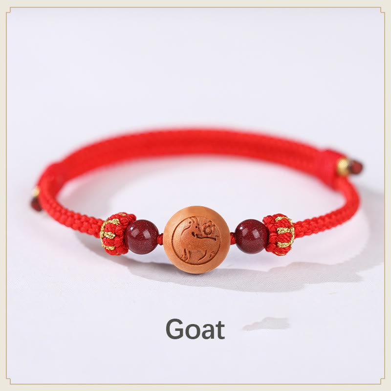 KarmaRipple's Authentic Peach Wood Chinese Zodiac Fu Character Carved Cinnabar Wealth Bracelet p38
