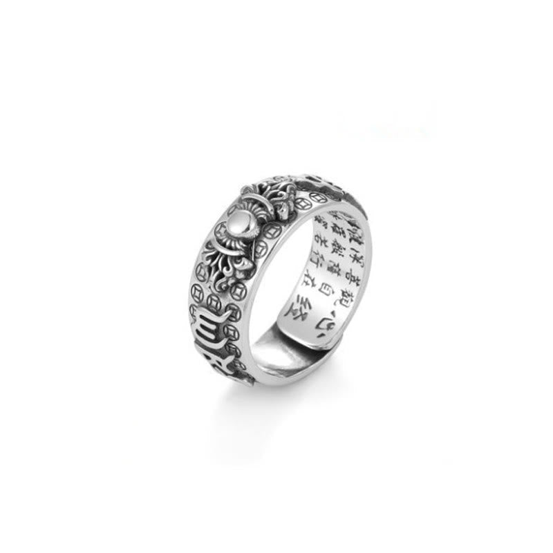 KarmaRipple's Tibetan 990 Sterling Silver Om Mani Padme Hum PiXiu Dorje Vajra Heart Sutra Engraved Wealth Ring p27