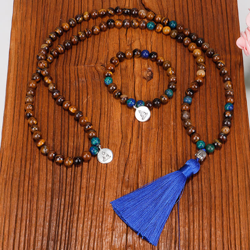 KarmaRipple's 108 Mala Beadwork Tiger Eye Buddha Strength Bracelet Tassel Pendant Necklace p3