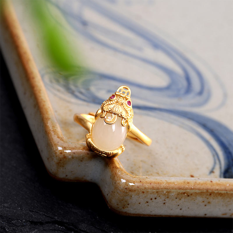 KarmaRipple's 18k Gold-plated Pixiu Jade Wealth Ring p11