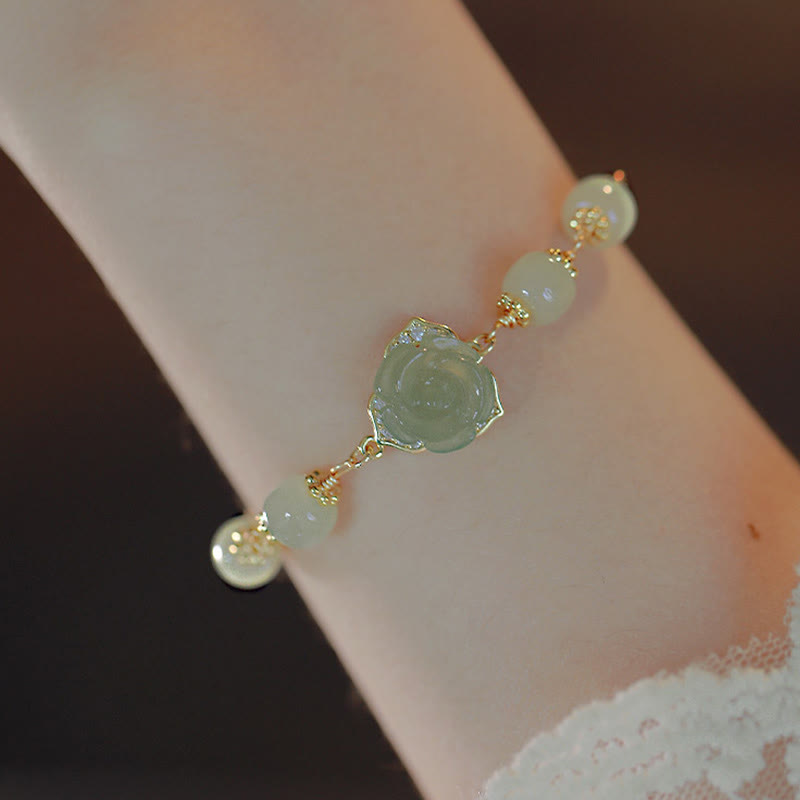 KarmaRipple's 14K Gold Plated Hetian Jade Rose Flower Fortune Chain Bracelet p2