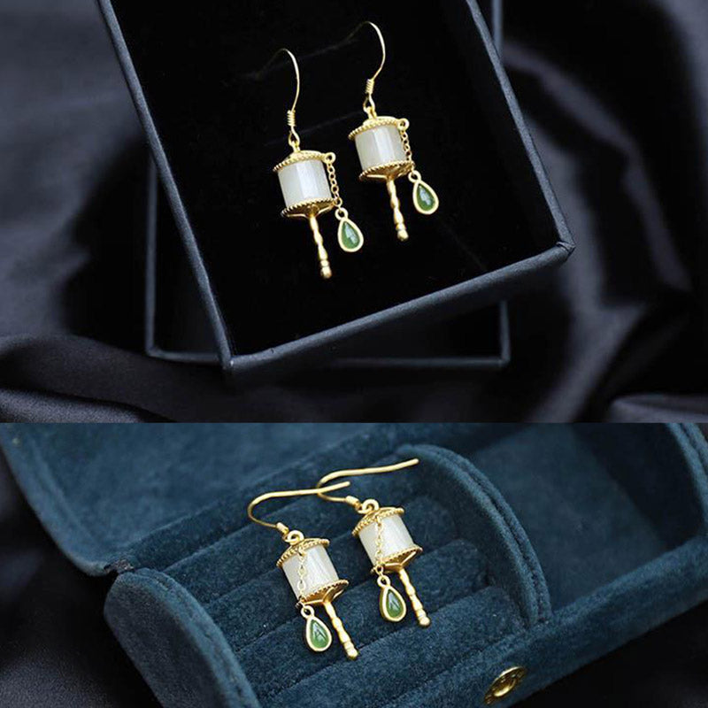 KarmaRipple's 925 Sterling Silver Jade Prayer Wheel Fortune Drop Earrings p12